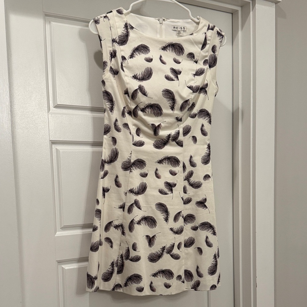 Reiss Cream and Black Feather Pattern Mini Dress